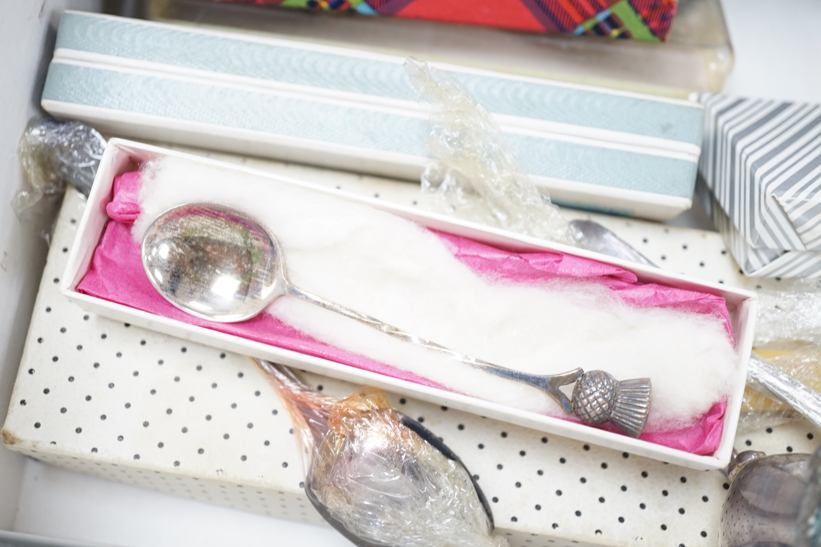 A small group of assorted silver condiments and sundry silver and silver plated flatware, some boxed.